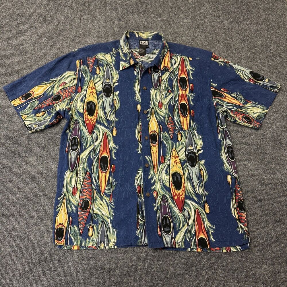 Teva 90's Y2K Abstract Print Of Canoes Short Sleeve Button Front Shirt Sz Large